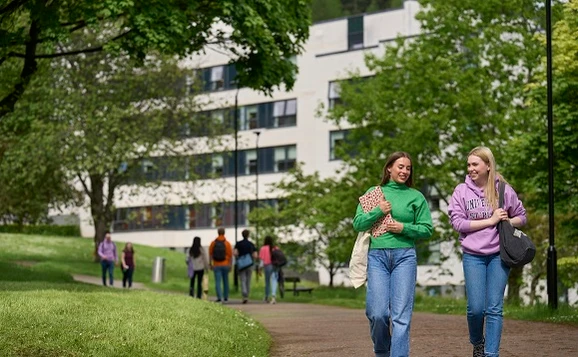 Students walking along a path near accommodation buildings