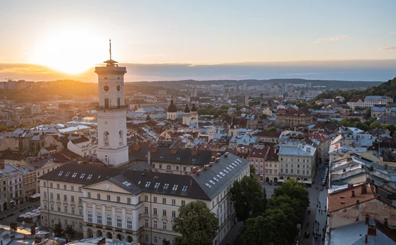 Lviv with a focus on the Lviv City Hall in Ukraine