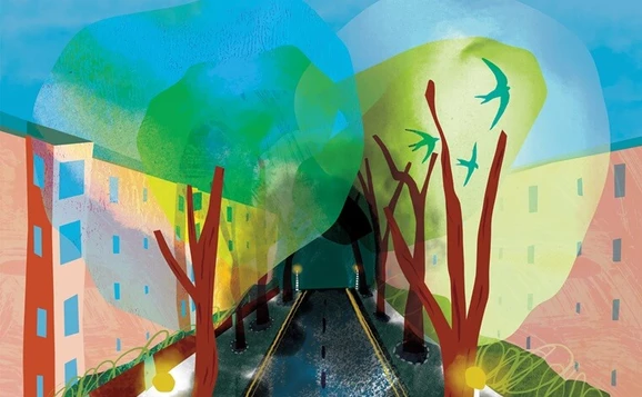 Illustration of a street sheltered under the canpopy of trees
