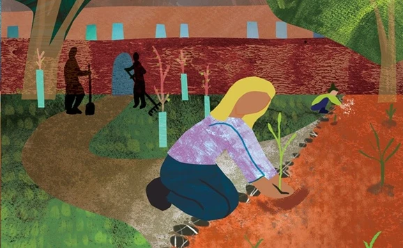 Illustration of people planting tree saplings and gardening in community setting
