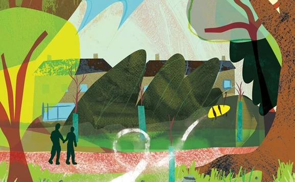 Illustration showing two figures walk along a path through trees. Houses are in the background behind more trees.