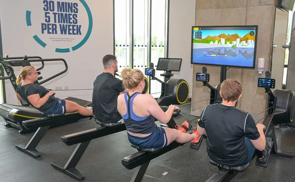 people using rowing machines in the gym