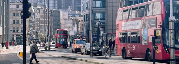 red bus in city centre