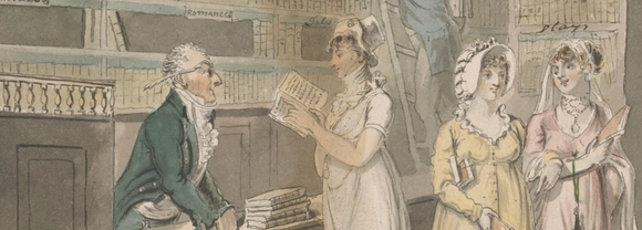 18th Century lady and gentleman reading books in a library