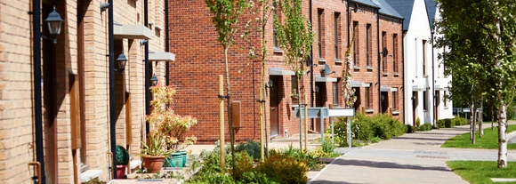 Row of modern, terraced homes with a tree-lined walk way in front