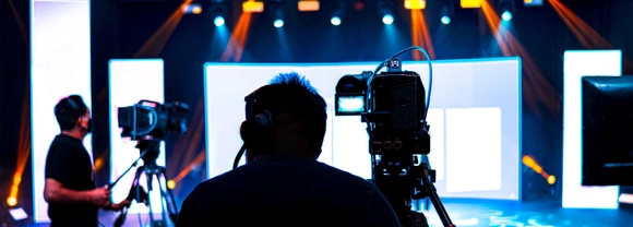 Professional cameraman - covering on event with a video, cameraman silhouette on live studio news, Selective focus