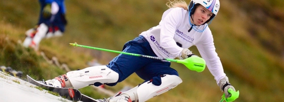 Nicole Ritchie skis downhill in the slalom event