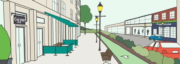 A computer generated image of a dementia friendly street. A cafe is pictured on the left hand side, with a bench, grass border, cycle lane and street lamps to the right hand side.