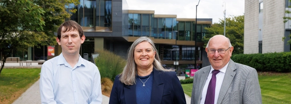 (l-r) Peter Humfrey, Roz McCall MSP, Professor Leigh Sparks outside Campus Central