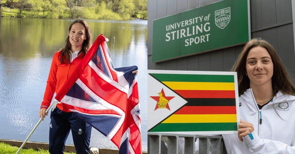 Angharad Evans poses with Union Flag, Paige van der Westhuizen poses with Zimbabwean flag.
