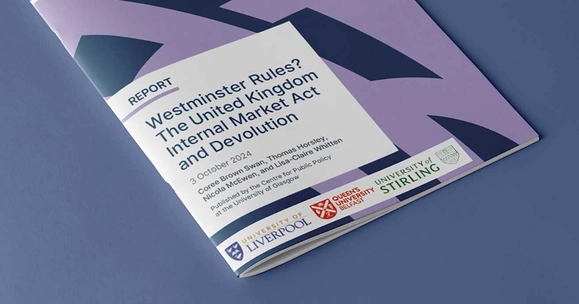 A photograph of the 'Westminster Rules? United Kingdom Internal Market Act and Devolution' report - a purple booklet