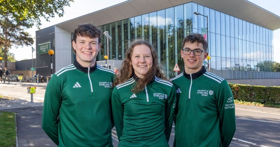 Tom Williamson, Millie Breese and Alex Robin pictured outside of the University of Stirling Sports Centre.