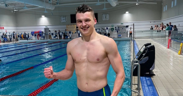 Tristen Bell celebrates after winning the swimming leg of the Modern Pentathlon.