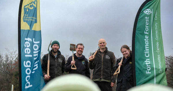 Director of Forth Climate Forest, Doug Worrall, Josh Thornhill, Operations Leader, The Conservation Volunteers (TCV), Guy Harewood, Forth Climate Forest Development Officer and Jess Powling, Senior Project Officer, TCV.