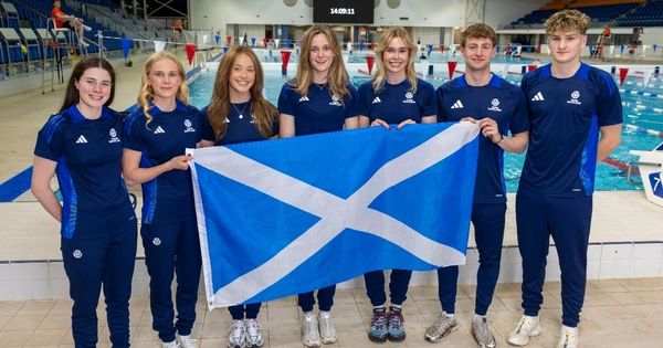 University of Stirling athletes, pictured left to right: Holly McGill, Lucy Hope, Lucy Grieve, Evie Davis, Katie Shanahan, George Smith, Dean Fearn