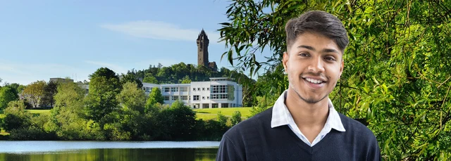 Student in front of University landscape