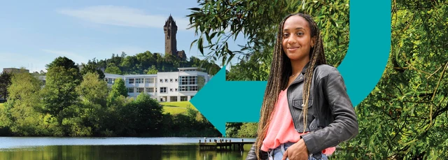 Composite image of artwork and student against campus background