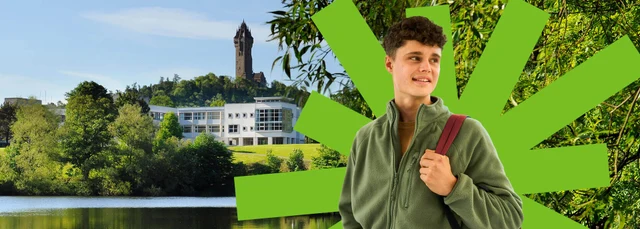 Composite image of student, Wallace Monument, University Stirling campus and loch