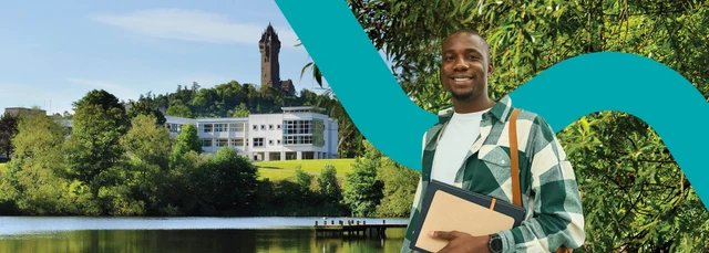 Composite image of artwork and student against campus background