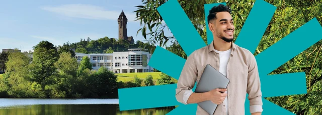 Composite image of artwork and student against campus background