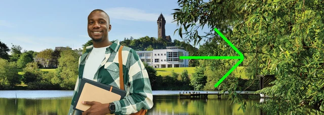Composite branded image: student with background of loch, Wallace Monument, trees and modern university buildings