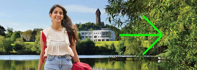 Composite branded image: student with background of loch, Wallace Monument, trees and modern university buildings