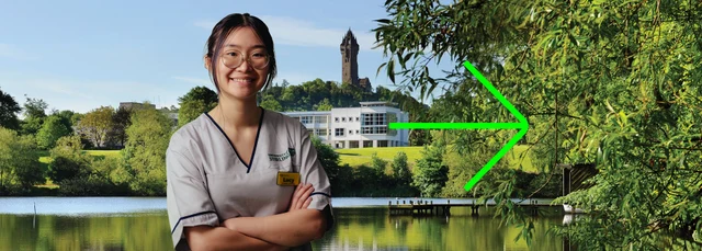 Branded image: nursing student with background of loch, Wallace Monument, trees and modern university buildings