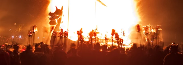Up Helly Aa parade in fire
