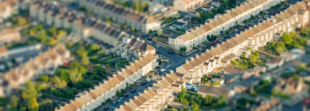 Overhead view of streets and houses