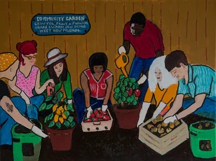 커뮤니티 가든에 심는 7 명의 사람들의 그림